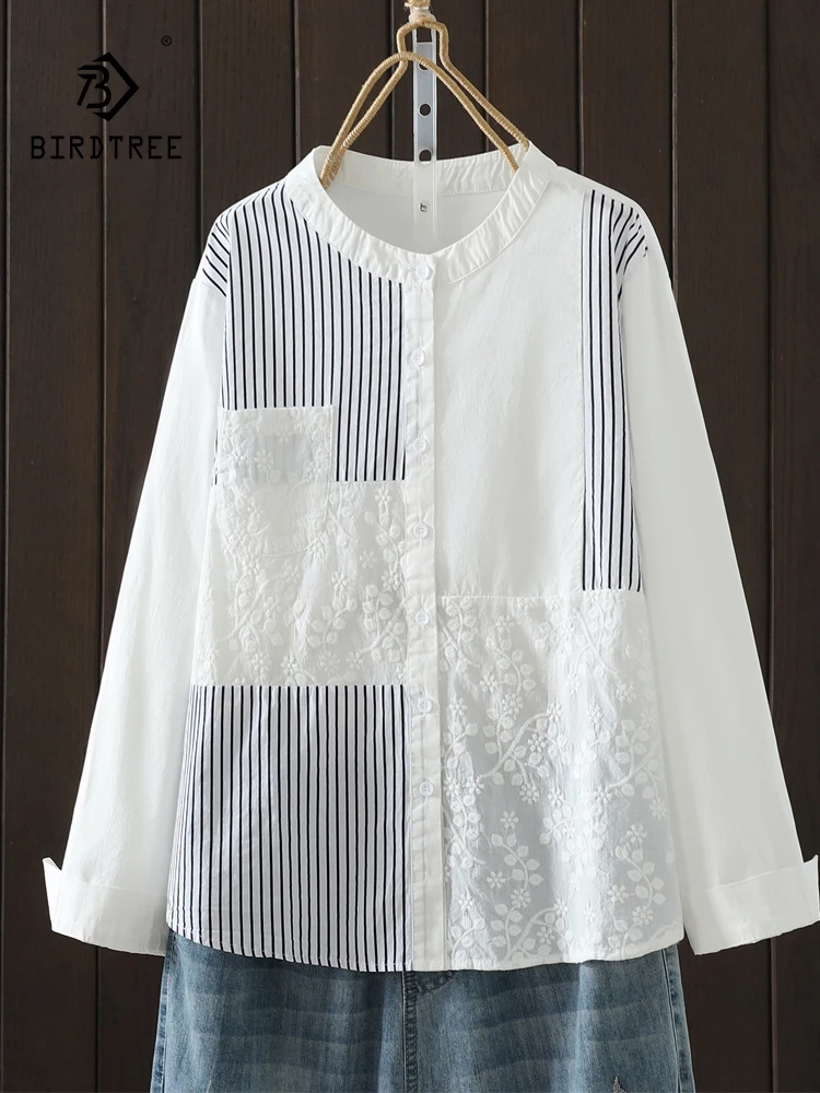 

New 2025 Autumn Cotton Long Sleeve Shirt, Women Stand Striped Embroidery, Mori Girl Fashion OL Versatile Loose Blouse T58653CC