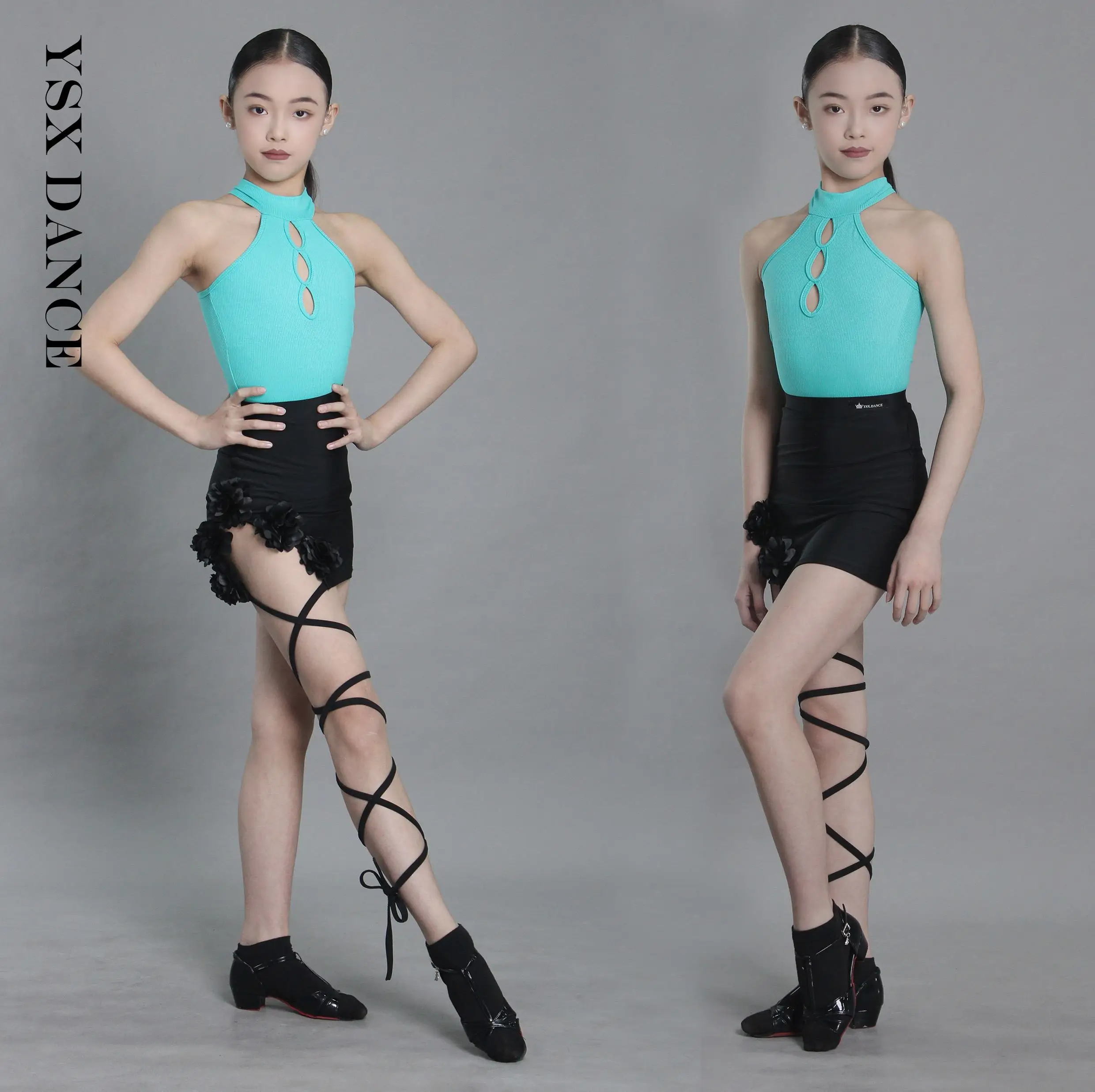 

Childrens Girls Latin Dance Clothes Summer Practice Outfit Blue Tops Black Strap Leg Skirt Latin Performance Costume DNV24120