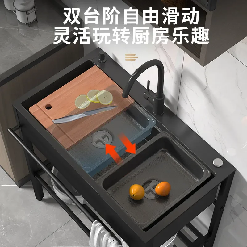 Large Single Bowl Honeycomb Embossed Stainless Steel Kitchen Sink with Bracket Integrated Floor Standing Vegetable Basin for