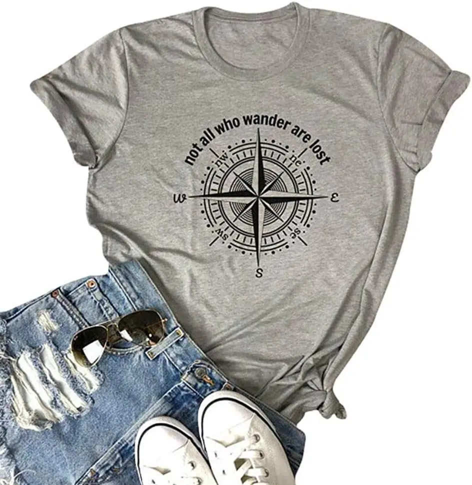 Womens Not All Who Wander are Lost T-Shirt Workout Shirts Summer Funny Letters Compass Graphic Casual Tops Athletic Tee