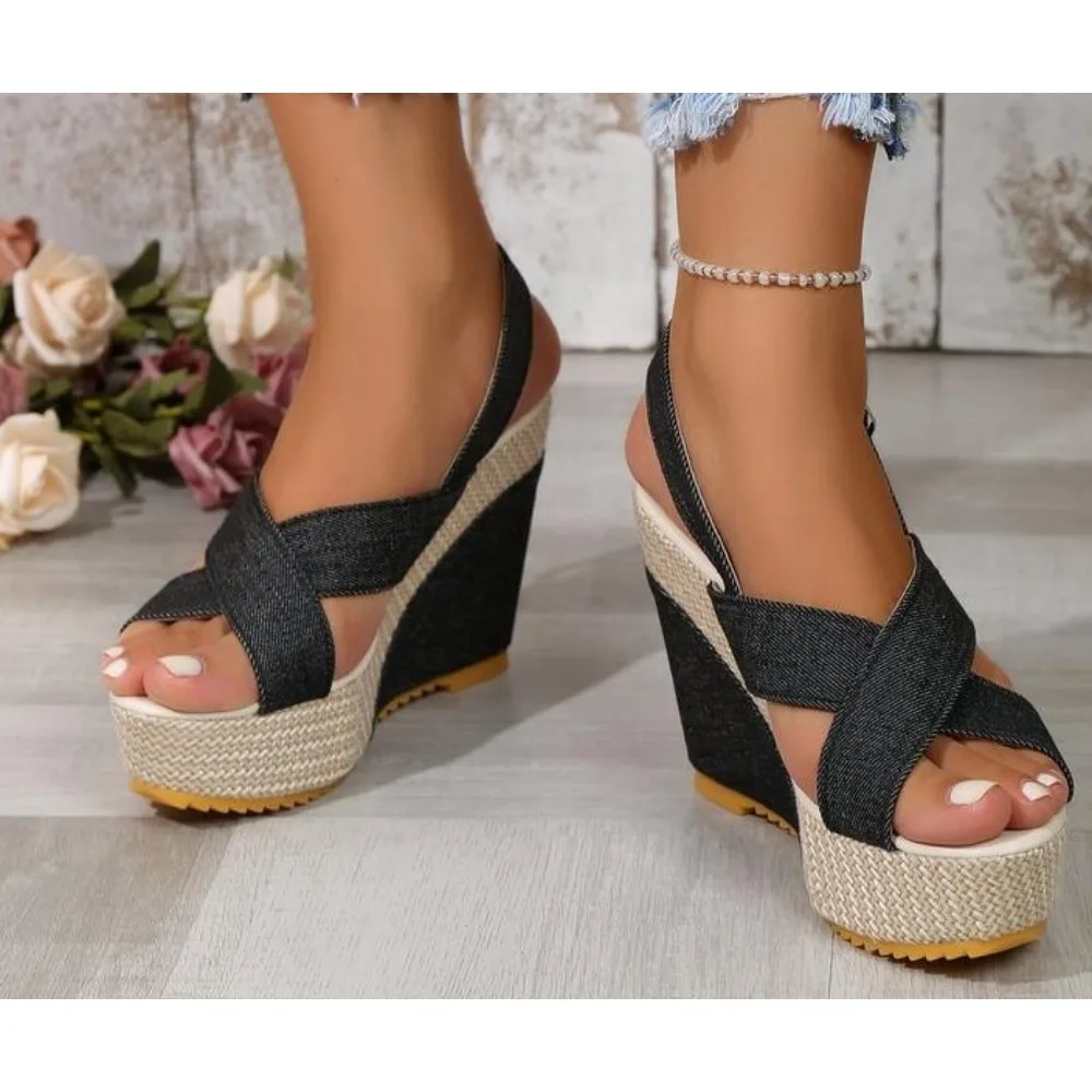 Sandalias de cuña con hebilla en el tobillo para Mujer, zapatos de mezclilla cómodos, suela gruesa, talla grande 35-42, Verano