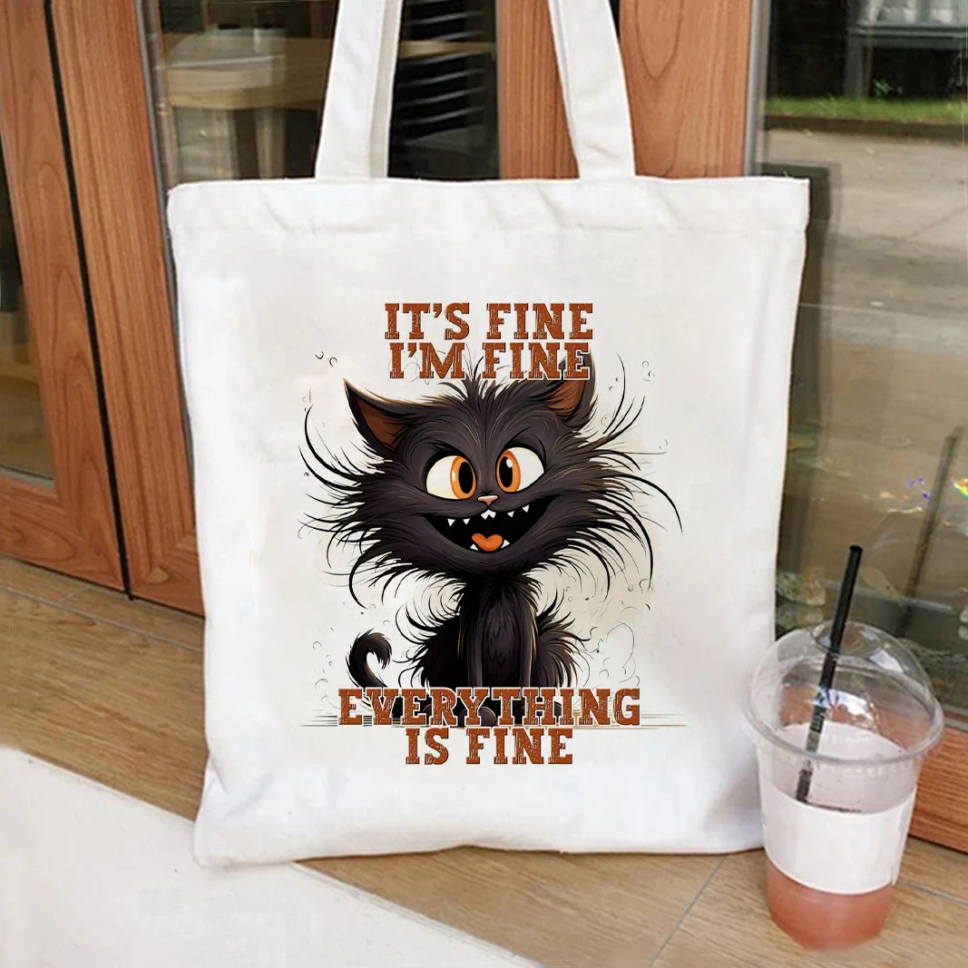 It's Fine Print Canvas Tote Bags حقيبة تسوق كبيرة كتب أنثى حقيبة مستحضرات التجميل حقيبة يد فتاة حقائب اليد القطة السوداء #1