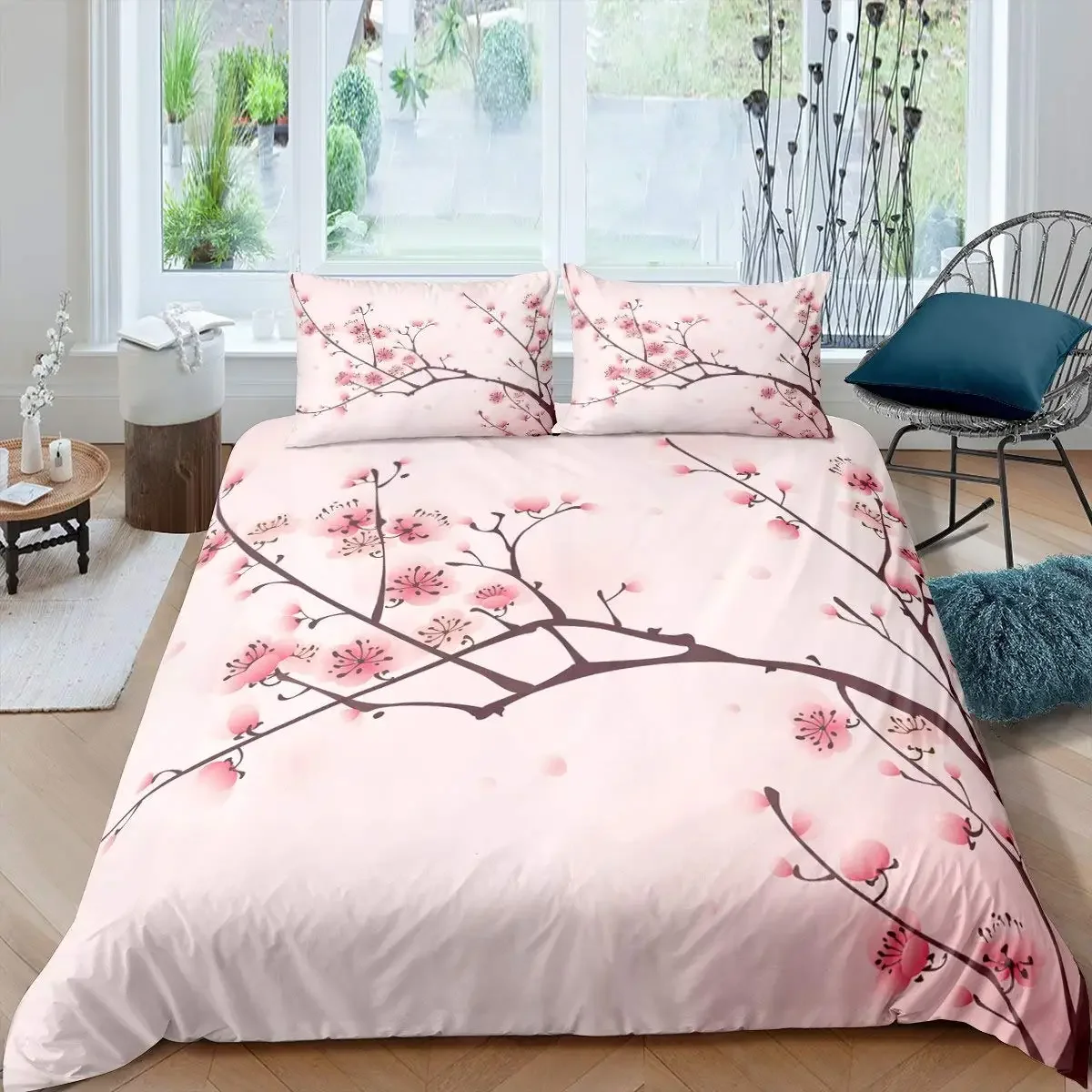 Japanese Duvet Cover Branch of  Flourishing Sakura Tree Cherry Blossoms Spring Theme Art Pink Decor Dark Brown for Women Gifts