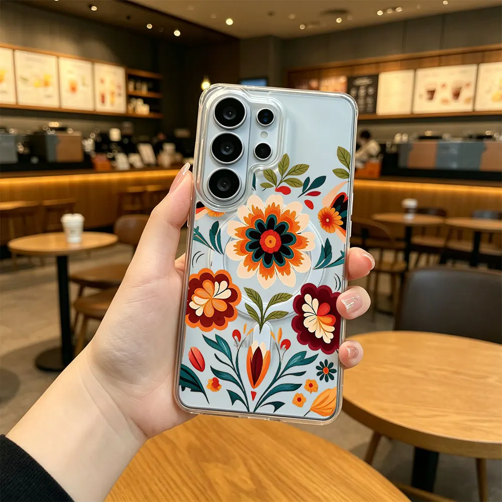 Clear Magnetic Phone Case for Samsung Galaxy S26 S25 S24 S23 S22 S21 Note 20 Ultra 10 Plus FE 5G Flower Pattern Anti-Drop Cover