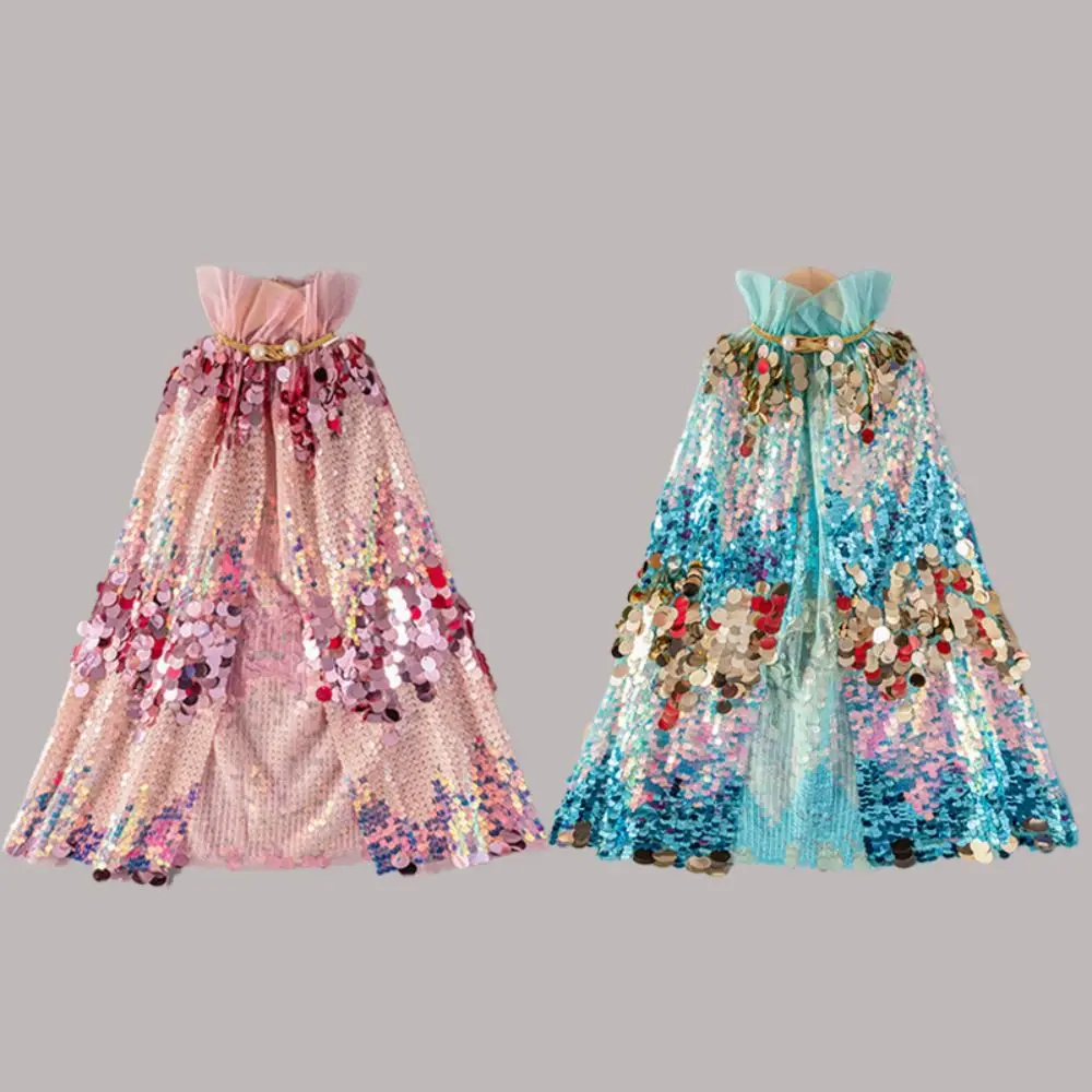Shining Sequins Girls Princess Cape Cosplay Mesh Elegant Dress Cape Performance Accessory Girl Tulle Cloak Carnival Party