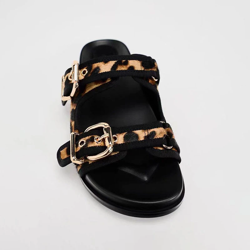 TRAF Leopard Print Upper Flatform Slippers Round Head Open Toe Metal Buckle Slippers New Comfortable Flat Sandals For Woman