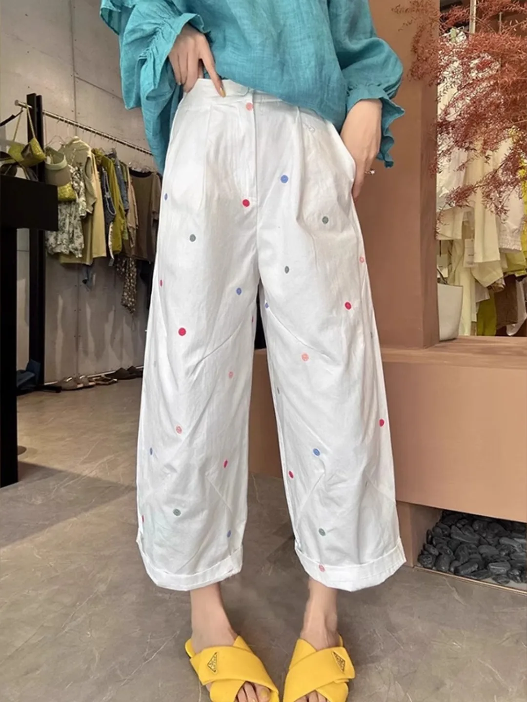 Spodnie damskie z wysokim stanem i szerokimi nogawkami, letnie, cienkie, bawełniane, w kropki, z haftem, codzienne i spodnie dla mamy, retro, eleganckie spodnie do pracy.