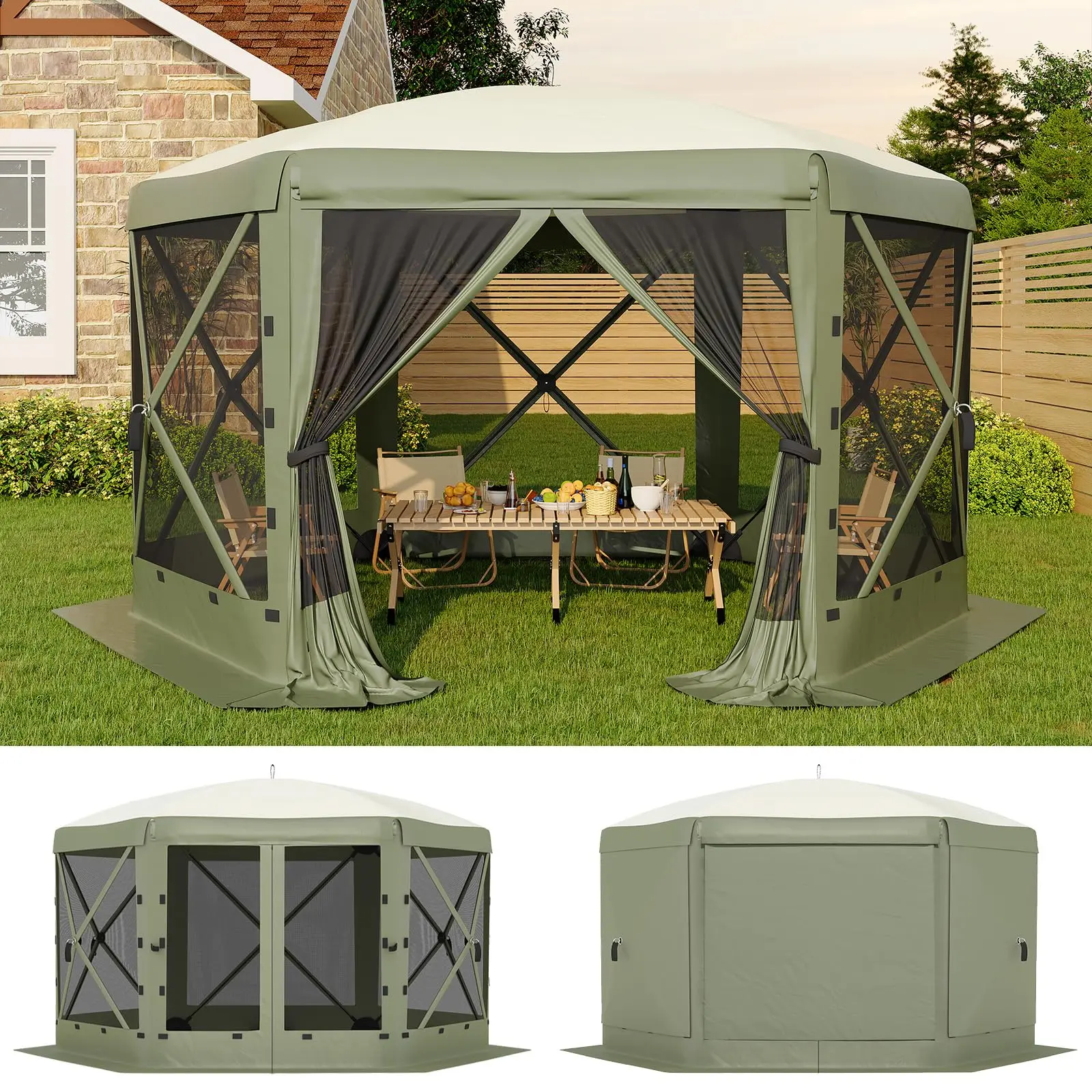 13x13 ft Pop-Up Screen Gazebo Canopy Tent, One-Push Quick Setup, 6-Sided Canopy, Full Mesh Mosquito Netting, 2 Doors & 6 Removable Wind Panels - Green
