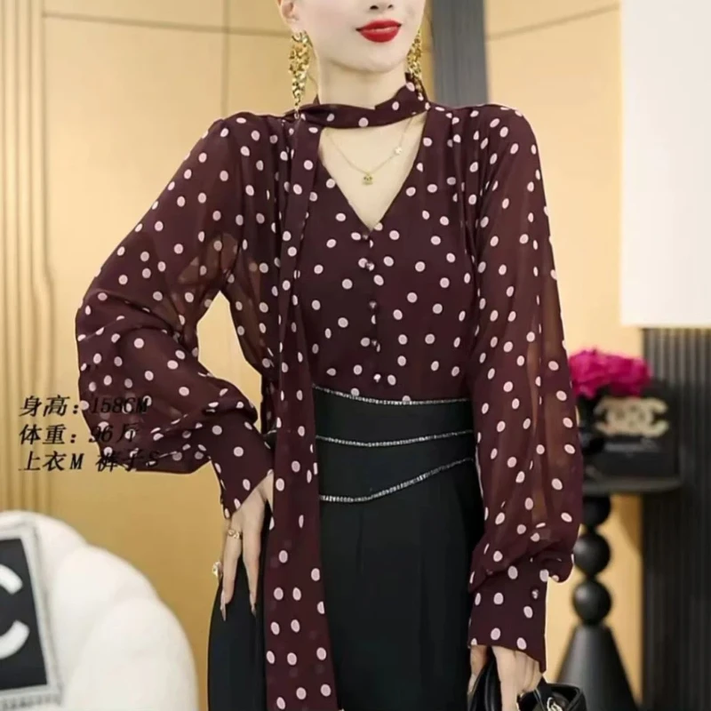 

Elegant Women Blouse With Polka Dot Pattern Lantern Sleeve Scarf Neckline Loose Fit Spring Summer Wear Sheer Design