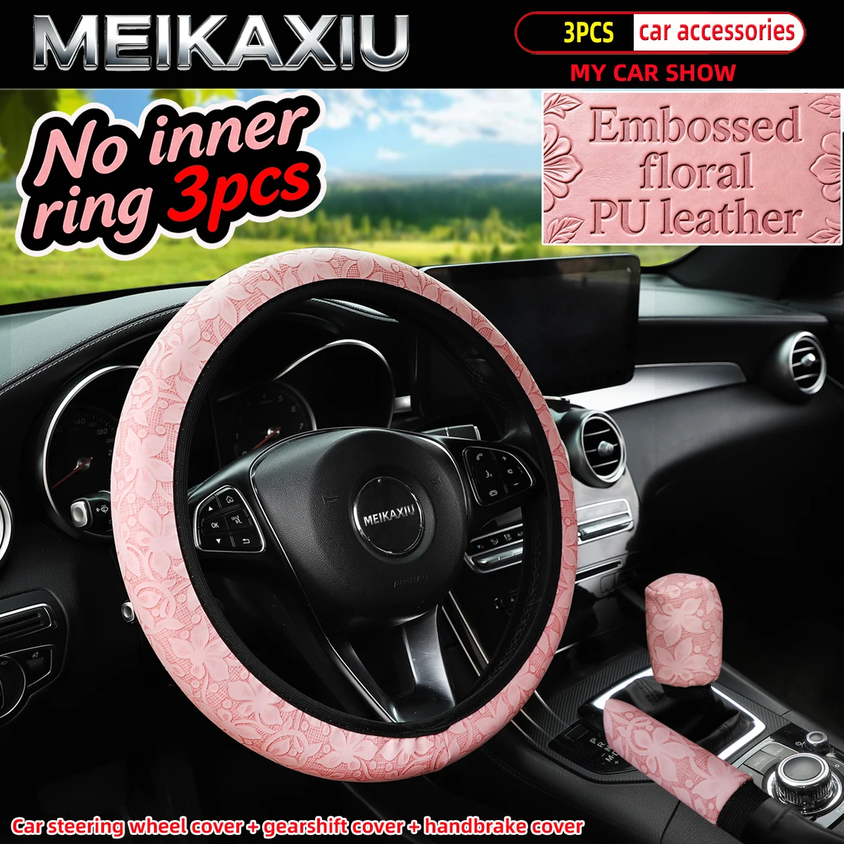 3pcs Women's Engraved Flower PU Leather Car Interior Accessories Set Steering Wheel Handbrake Gearshift Covers Auto Accessories