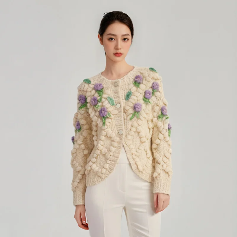 

2026New Round Neck Women's Knitted Cardigan with Handmade Crochet Flowers, Versatile Sweater Short Coat