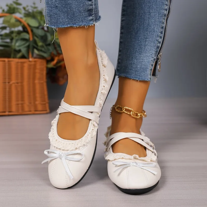 Women Flats Bow Tie Decoration Solid Color Loafers Soft Sole Lace Ruffled Lolita Shoes Comfortable Lightweight Female Sneakers