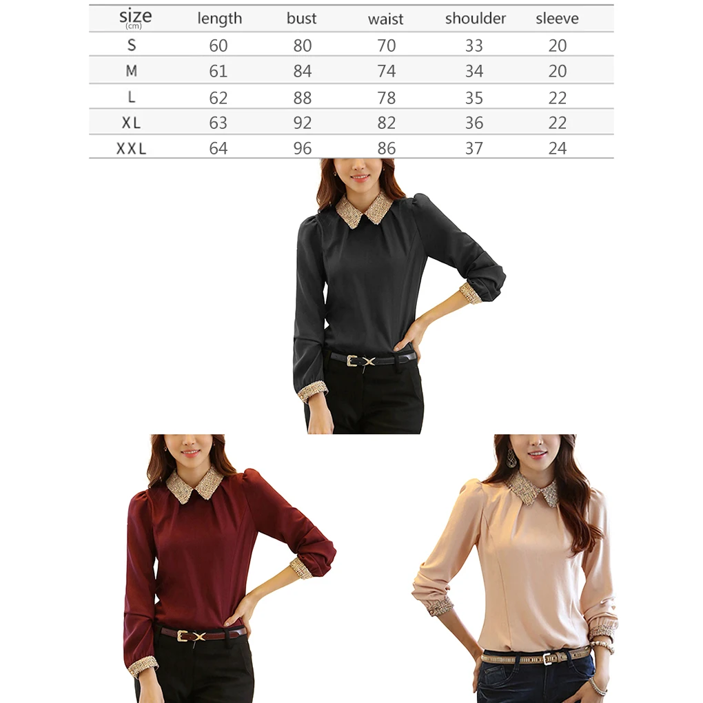 دمية طوق قميص بلوزة شيفون سليم صالح كم طويل OL قميص طية صدر السترة البلوز قميص بلايز البلوز