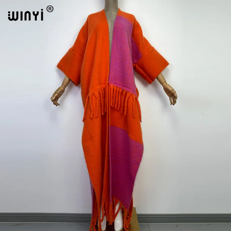 WINYI new Africa Winter Women tassel Cardigan coat Loose Christmas dress robe longue Thick Warm free size orange printing Kaftan