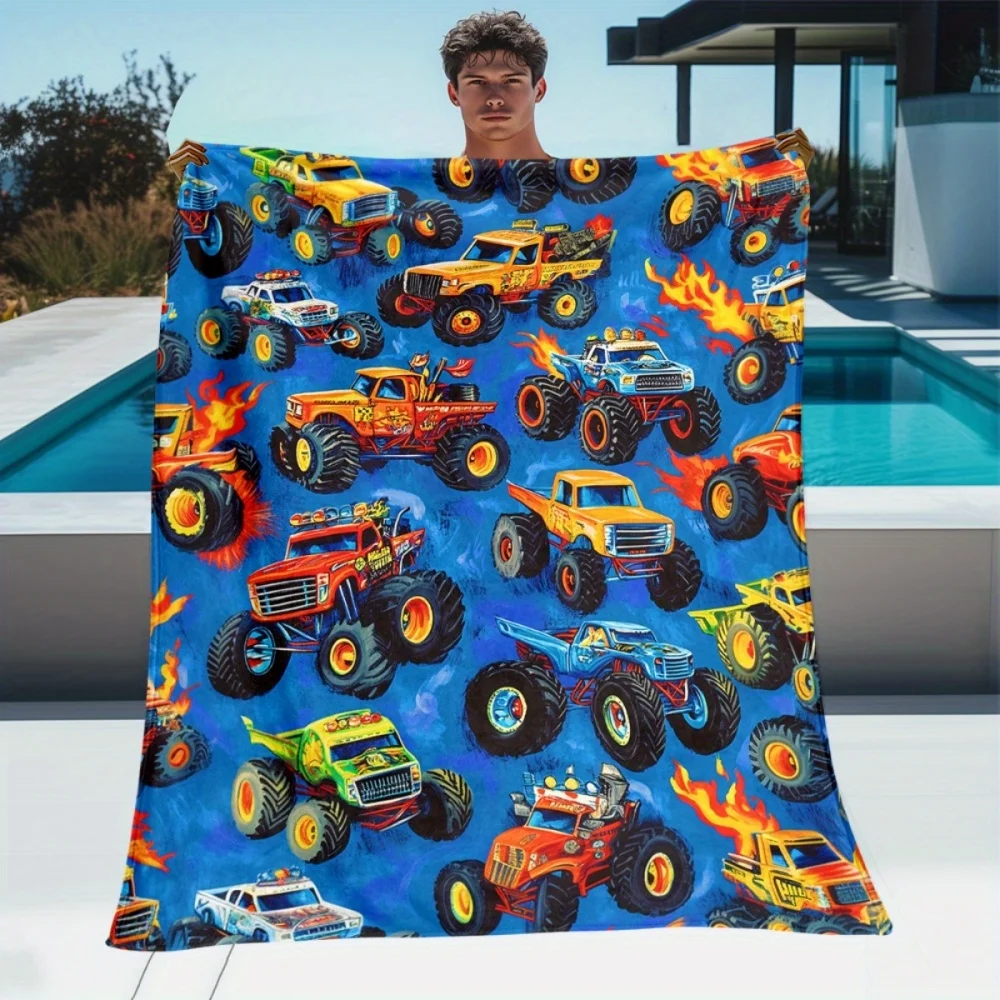 Kids Boys Monster Truck Flannel Throw Blanket Cartoon Big Wheel Car With Fire Flame Multi‑Pattern Design Cozy Soft Lightweight Blanket for Bedroom Sofa Living Room Home Decoration
