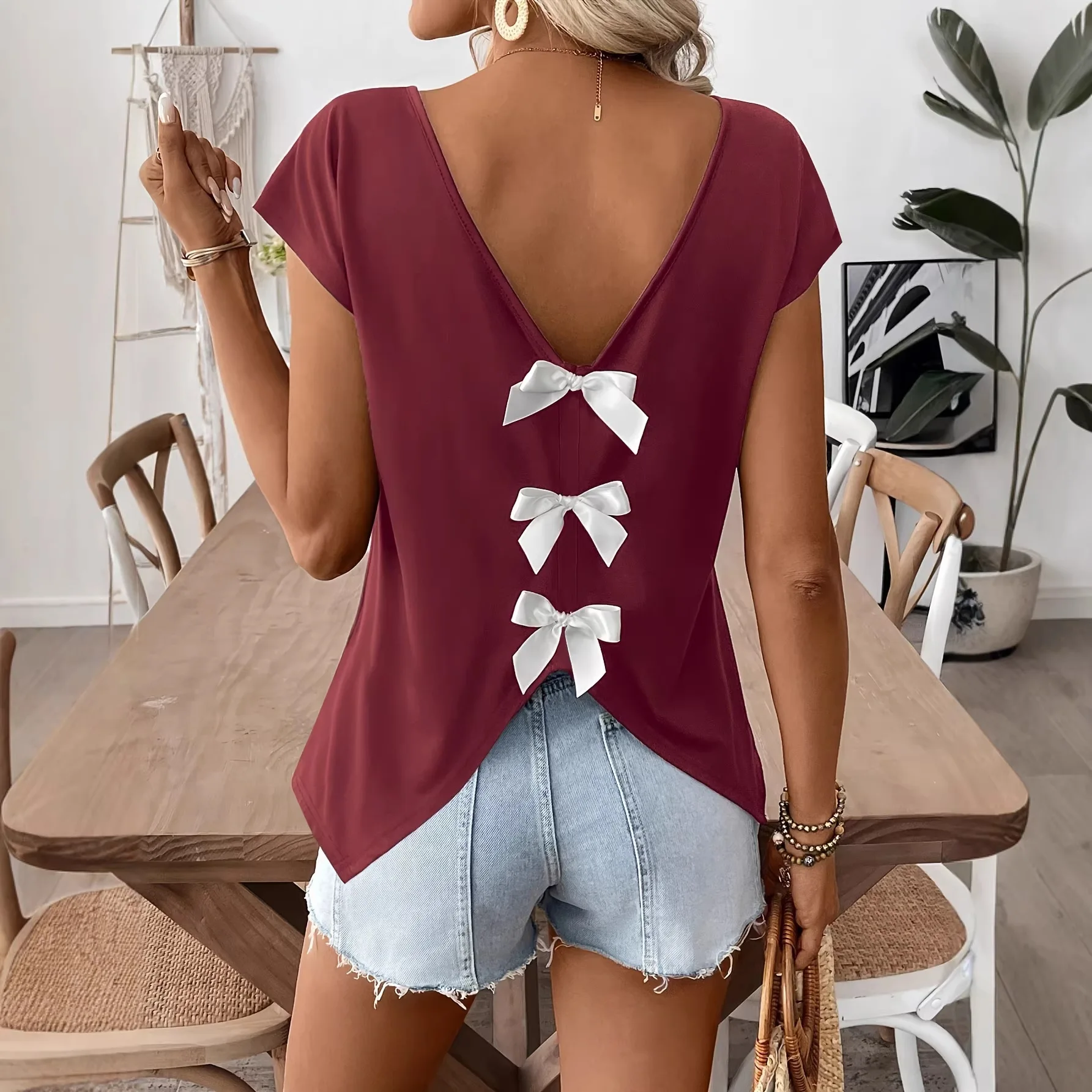 Summer Sweet Temperament Slim Bottom Short Flying Sleeve Top Women's V-neck Bow Split Short Sleeve Needle