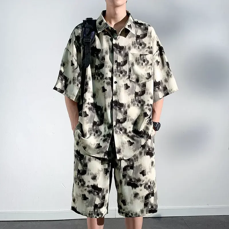

Tie Dye Men's Shorts Set Print Nylon Beach Korean Two Piece Casual Elastic 2025 Trend Kpop Regular Fit Male Shirts Short Sets