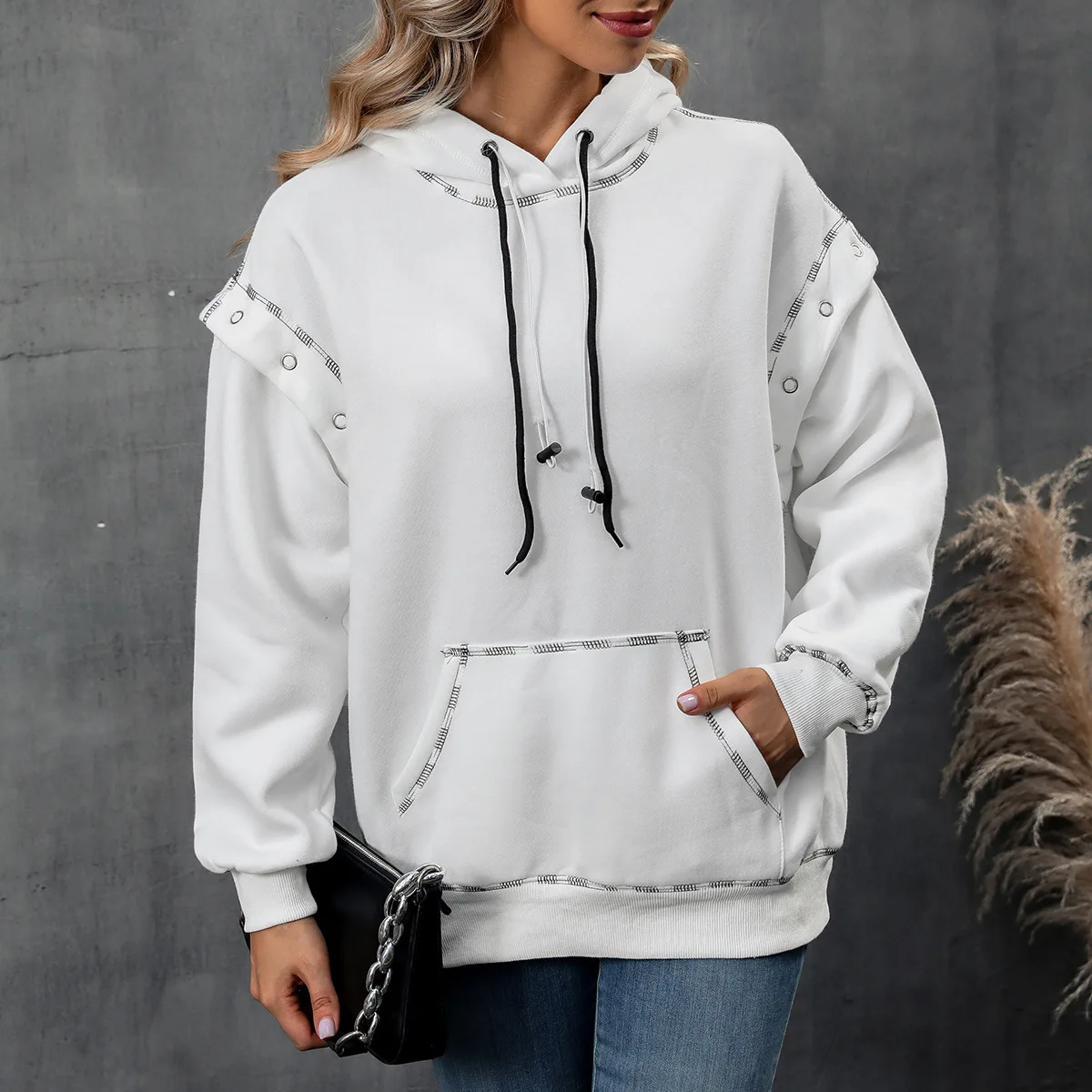 

2025 Autumn and Winter Women's Hooded Sweatshirt with Shoulder Sleeves and Drawstring Long Sleeved Sweatshirt Top