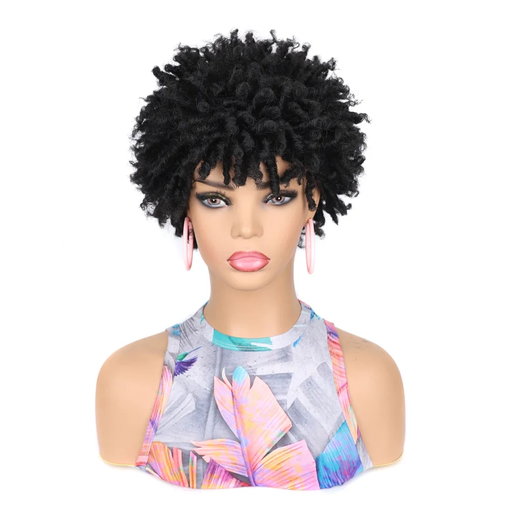 Short Dreadlock Hair Wig Curly Synthetic Soft Faux Locs Wigs With Bangs For Black Women