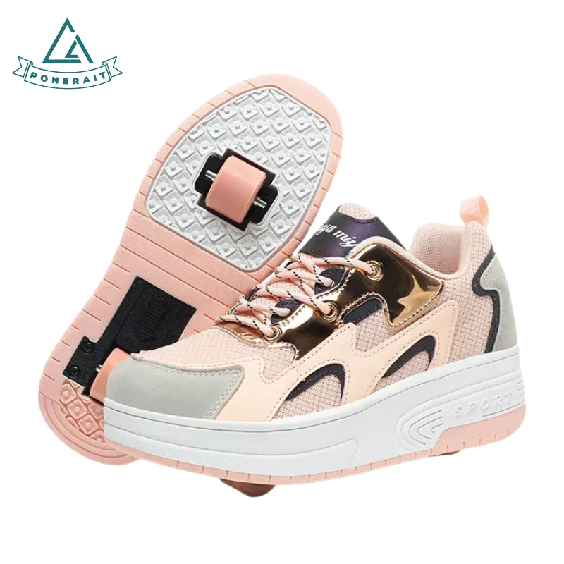 

PONERAIT Shoes with Wheels for Teens & Kids Beginners 2-Wheel Roller Skates Lace-Up Closure Air Mesh Daily Use & Gift Option