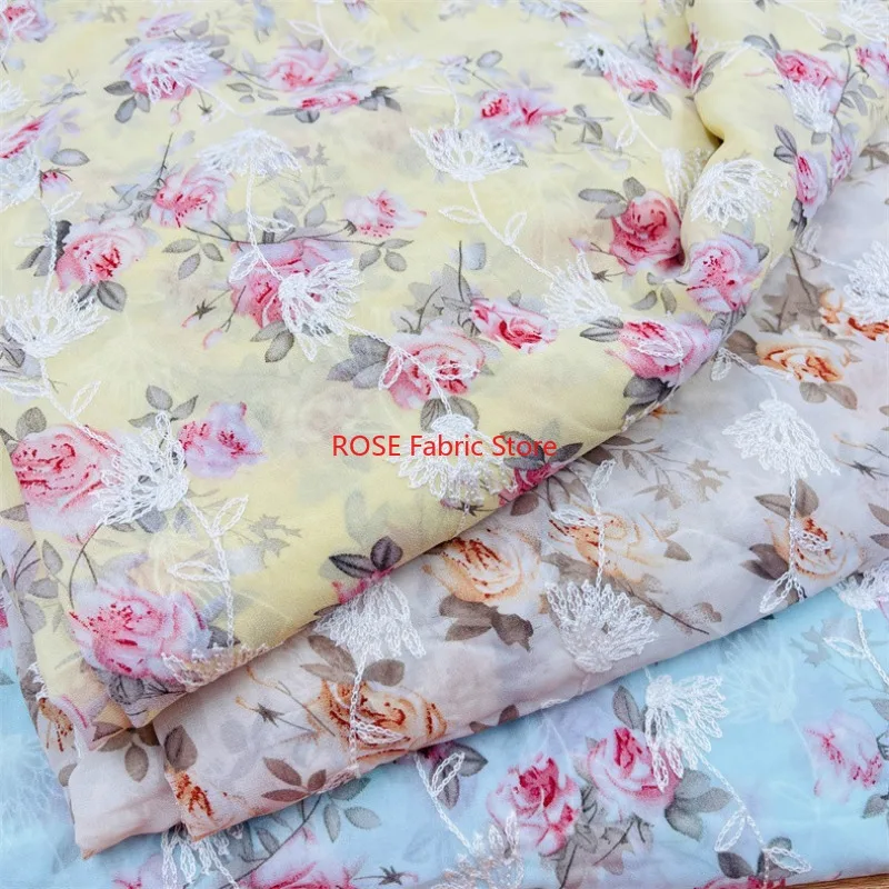 Digital Printed Chiffon Fabric with Lace Embroidery for DIY Women Dress and Formal Gown Making By The Yard
