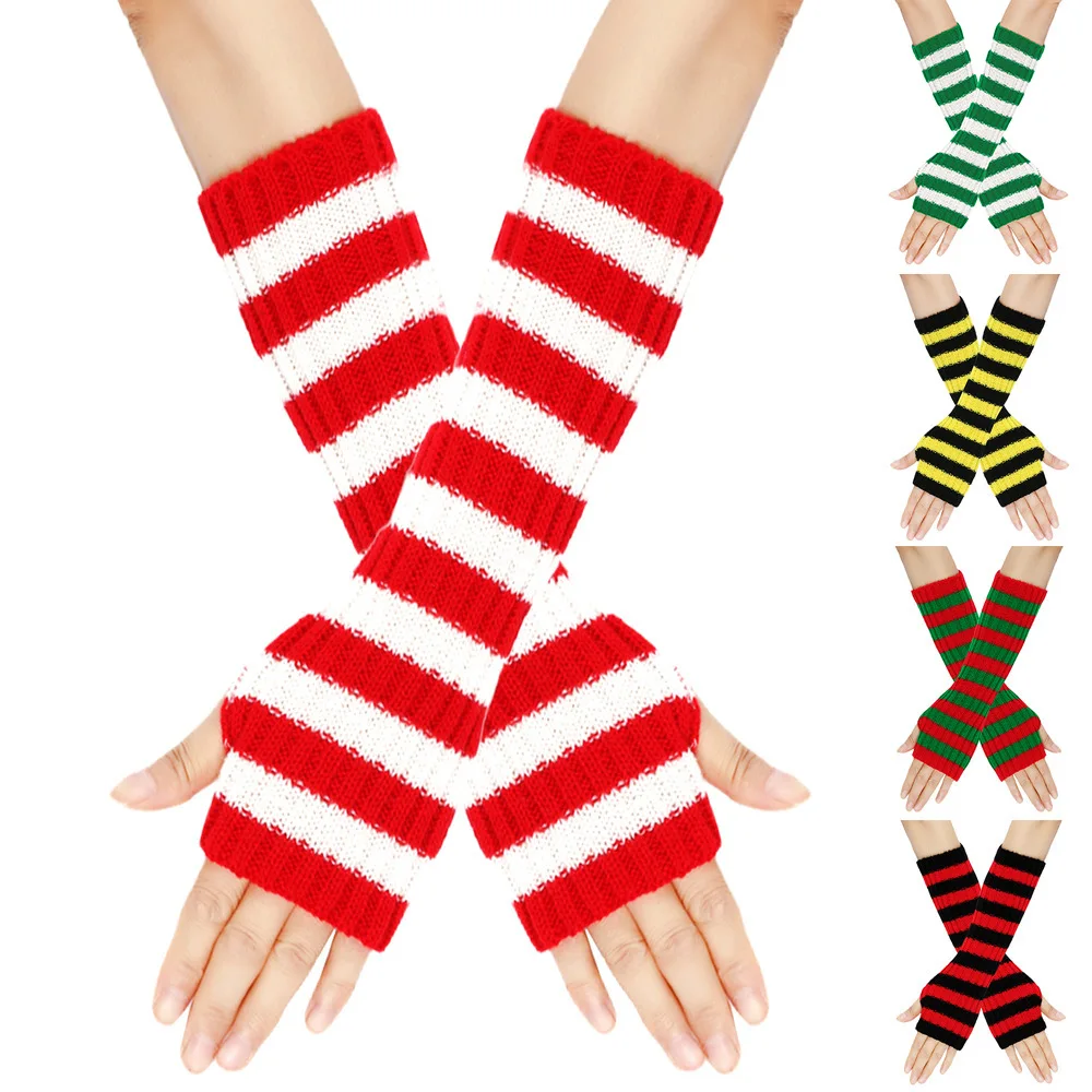Women's Knitted Fingerless Arm Sleeves Striped Gothic Y2K Long Arm Warmers Elbow Mittens Outdoor Gloves Fashionable Retro Style