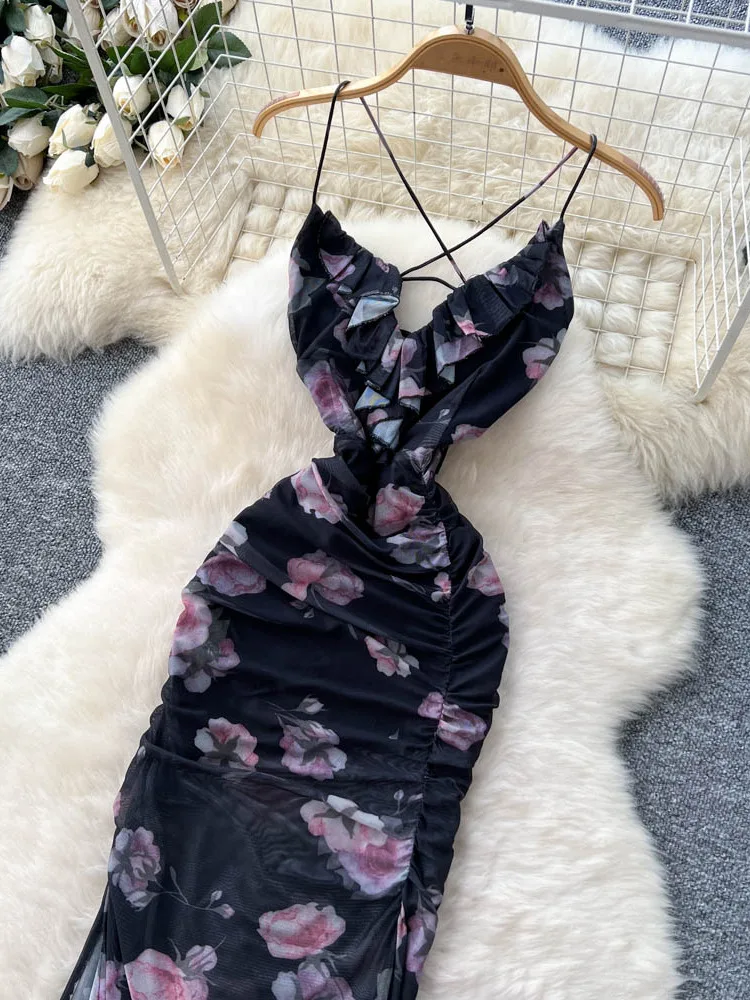 Summer Holiday Floral Me Bal Strap V-ne Gown Women's High Waist A-line Midi Dr Korean Sle Commute Dr