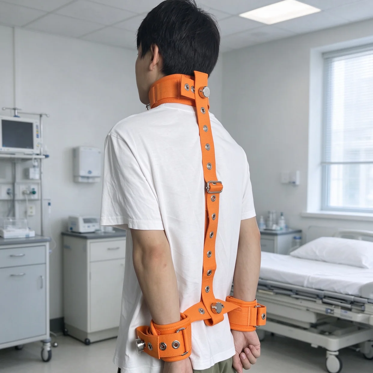 Orange Patient Restraint Belt Set Neck Wrist Back Restraints Adjustable Cotton Fixed Strap for Psychiatric Hospital Patient Care