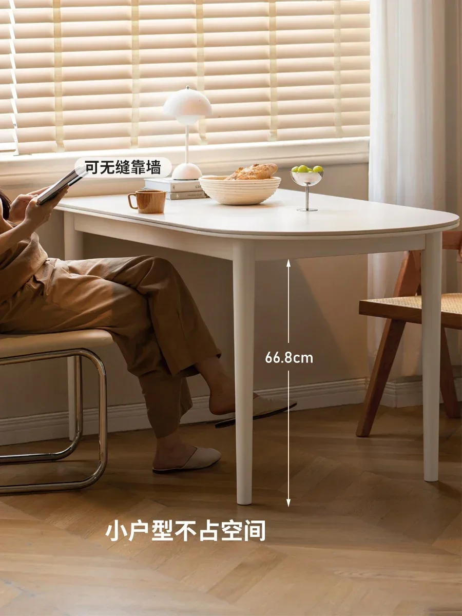 HYS table white cream wind semi-round table household small against the rock slab eating table
