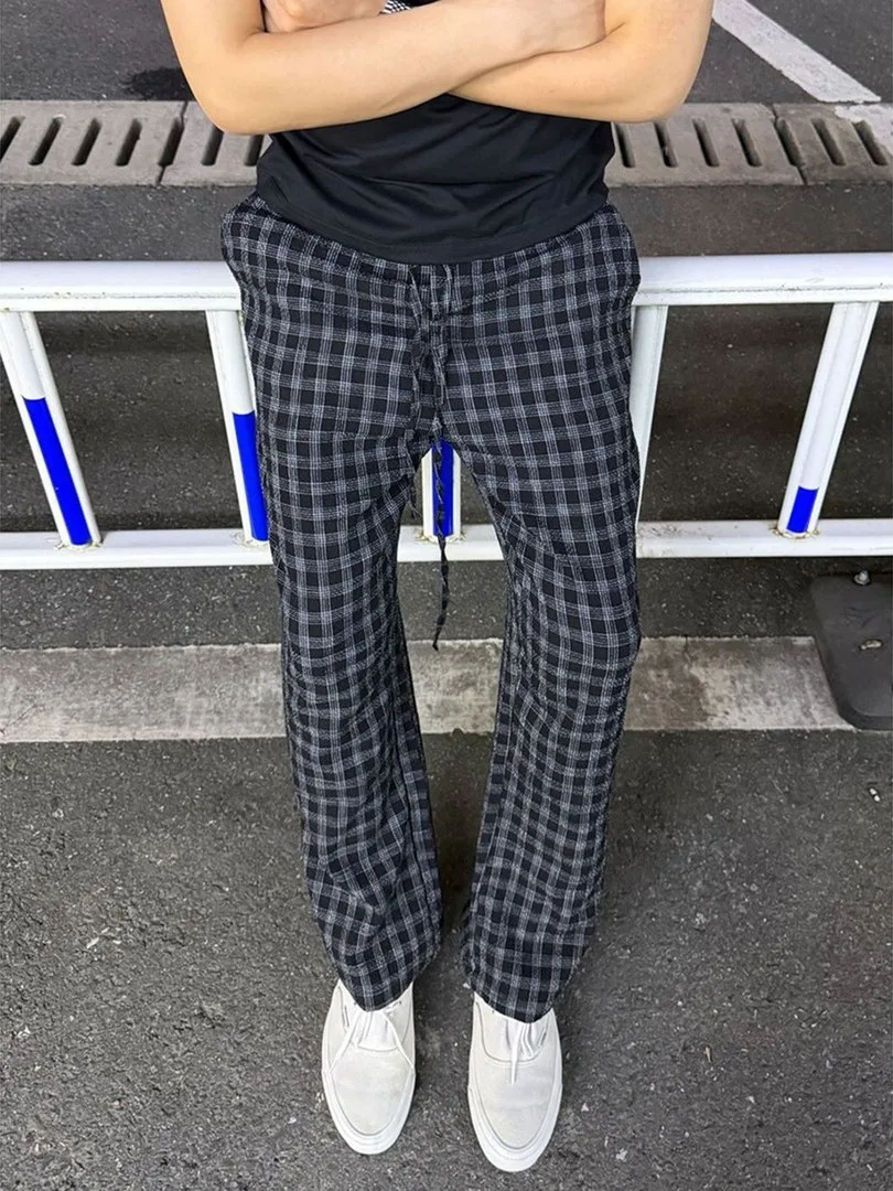 American Style White Bubble Cloth Plaid Casual Pants Men Thin Cool Breathable Loose Slim Straight Micro Flared Pants