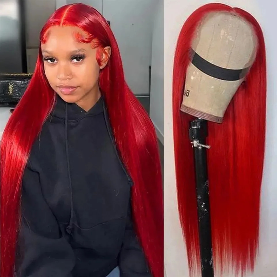 Free Part 32in Red Wig 13x4 Synthetic Lace Front Wig PrePlucked Glueless Long Straight Wigs For Women Heat Resistant Fiber