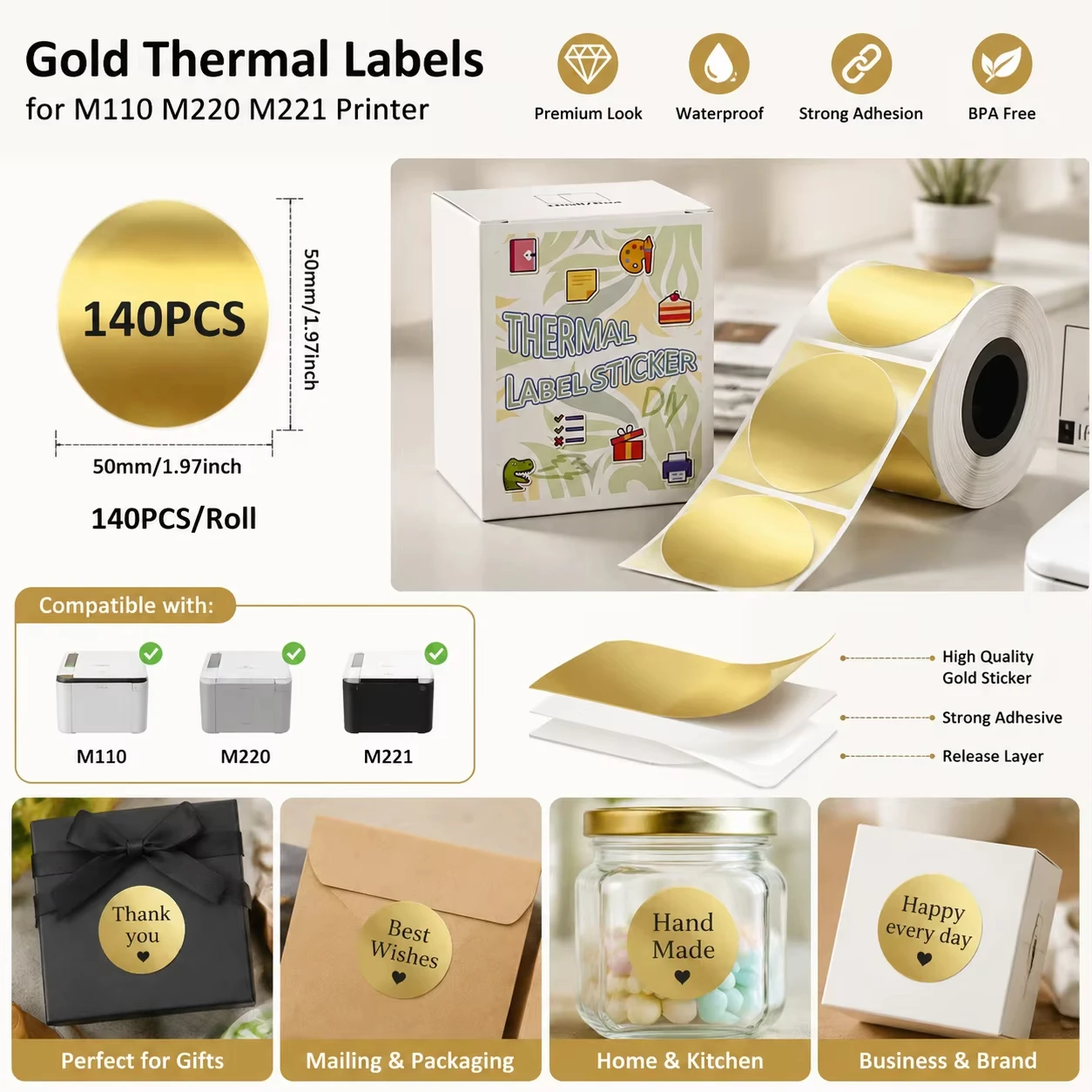 50mm Gold Thermal Round Stickers 140PCS Self‑Adhesive Waterproof Label Paper for M110 M220 M221 Mini Printer Gift Package Handma
