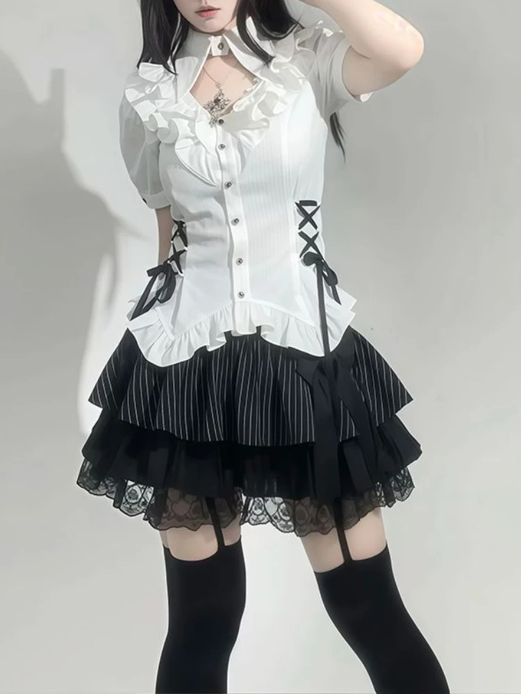 

Harajuku Gothic Retro Chic Outfit Women Bubble Sleeve Slim Shirt + Short Lace Cake Skirt New Vintage Fashion Two Piece Suit 2025