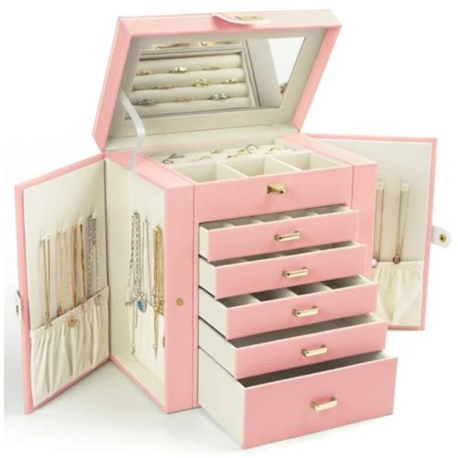 

Шкатулка для драгоценностей для женщин, 6-слойная большая шкатулка-органайзер для ювелирных изделий с зеркалом и 5 ящиками для колец, серег, ожерелий, браслетов, розового цвета
