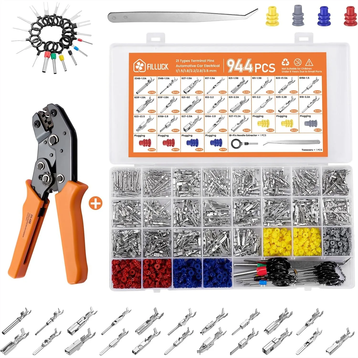 

945Pcs Pin Connector Kit, Car Electrical Wire Terminals 21 Types 1-3.5mm, Non-Insulated Plug with Ratchet Crimping Tool 22-16