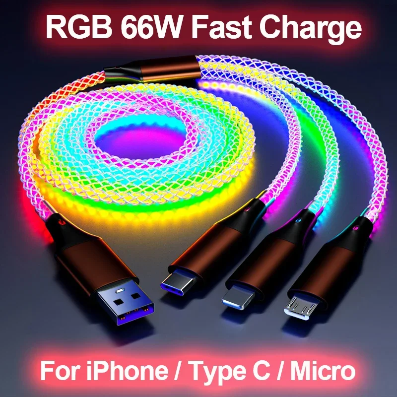 66W 6A 3 in 1 Fast Charging Type C Cable Micro USB RGB Colorful Streamer Glowing Line For iPhone Huawei Xiaomi Charger USB Cable