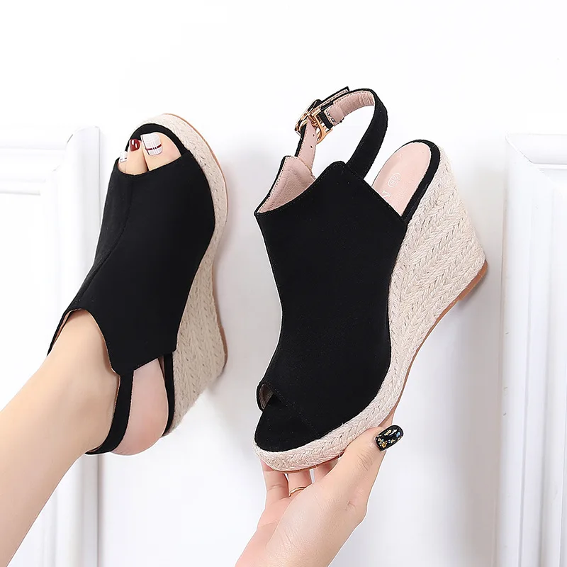 

FHANCHU 23 Straw Wedges Peep Toe Summer Shoes,Women Platform Pumps,Flock High Heels Sandals,Ankle Buckle,Black,Apricot,Dropship