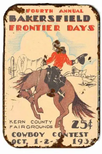 Letrero metálico de Bakersfield Frontier Days Rodeo, cartel de broncos y toros, letrero de rodeo.