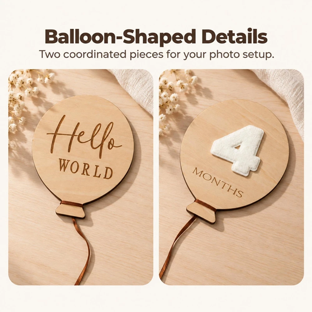 Felt Numbers Wood Balloon Photo Props Set Hello World Months 0-12M Baby Newborn Milestone Birthday Photography Gifts Accessories - view 5