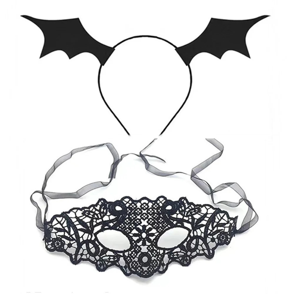 Halloween Hair Hoop para mulheres, Bat Wing Headband, Lace Mask Set, Performance Headdress, Cosplay Prop, Material para festa