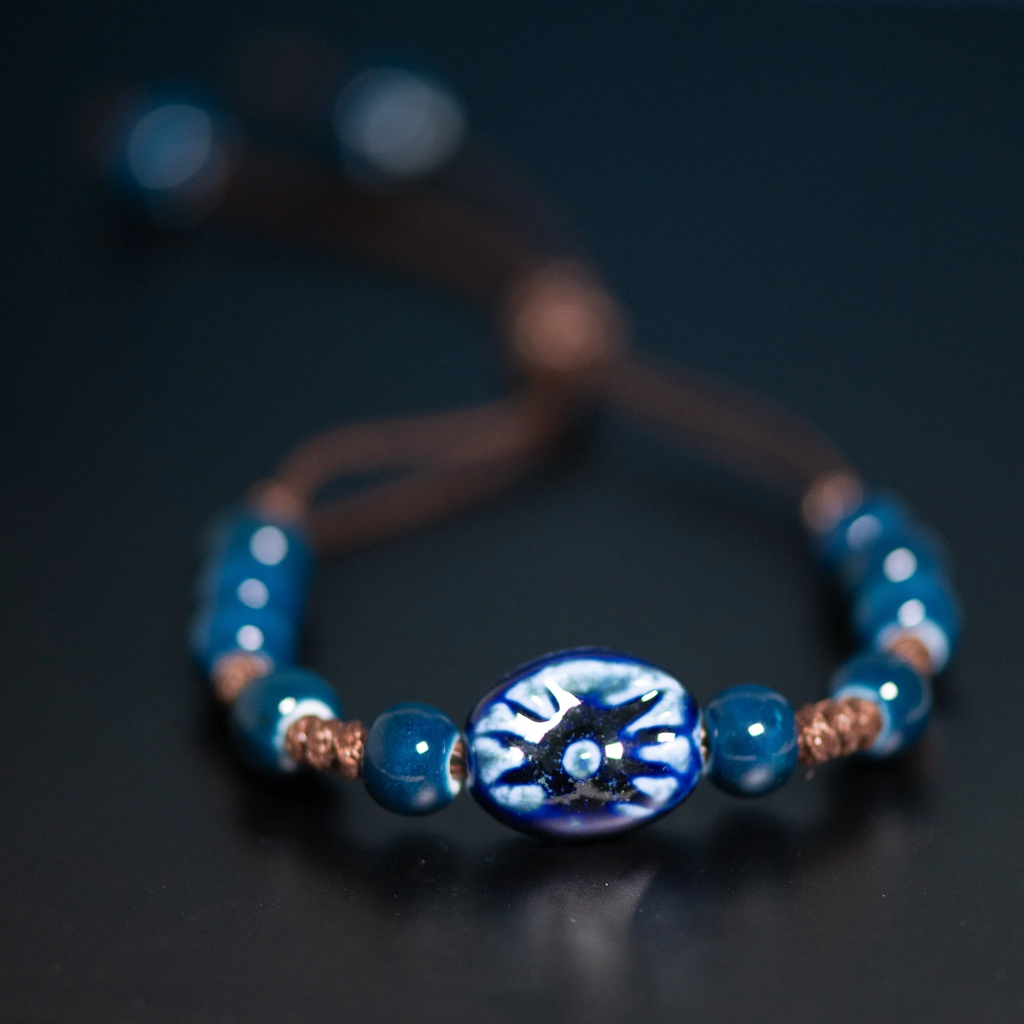 Handgefertigtes Sonnen-Charm-Armband aus Keramik, verstellbare Wachsschnur, 12–28 cm, Vintage-Stil