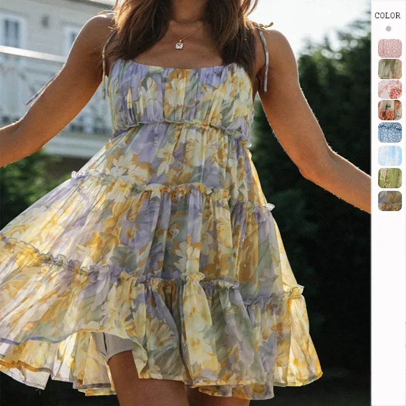 Vestido camisero de estilo festivo para mujer, vestido playero Sexy con tirantes y tirantes finos con forro y volantes, minivestido Sexy para el sol