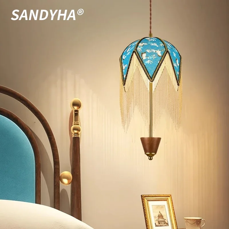 SANDYHA French Pendant Light Fabric Hanging Chandelier for Living Room Dining Table Lighting Bedroom Bedside Lamp Home Decor