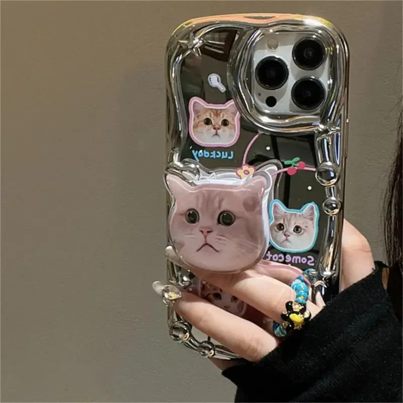 

New Cute 3D Cat Bracket Star Plating Soft Phone Case For IPhone 14 13 12 11 Pro Max X XS XR Lovely Kitten Shockproof Cover