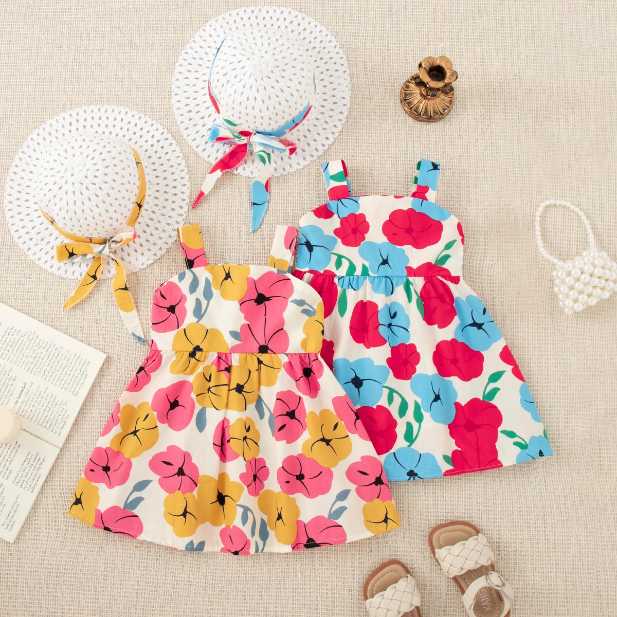 Summer Dress for Baby Girl Sending A Beach Hat Korean Style Sweet Casual Flower Printed Big Bow Suspender Toddler Dress