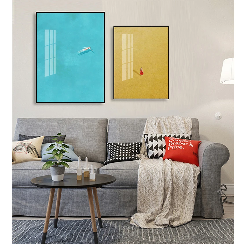 Pictures Kids Room Girls Decor Cartoon Girl Swim Nordic Posters And Prints Wall Art Canvas Painting Blue Wall