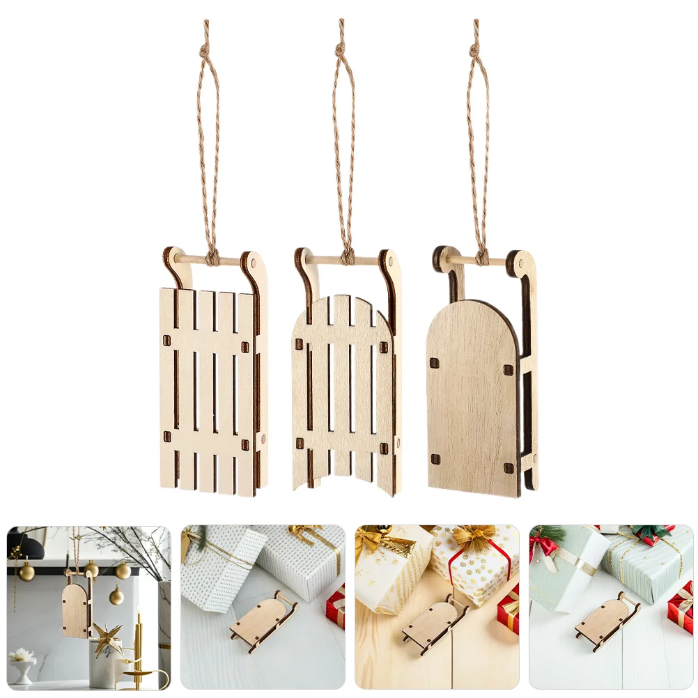 

3Pcs Mini Sled Wooden Christmas Sleigh DIY Crafts Natural Wood Xmas Tree Pendant Hanging Ornament Holiday Tabletop Display