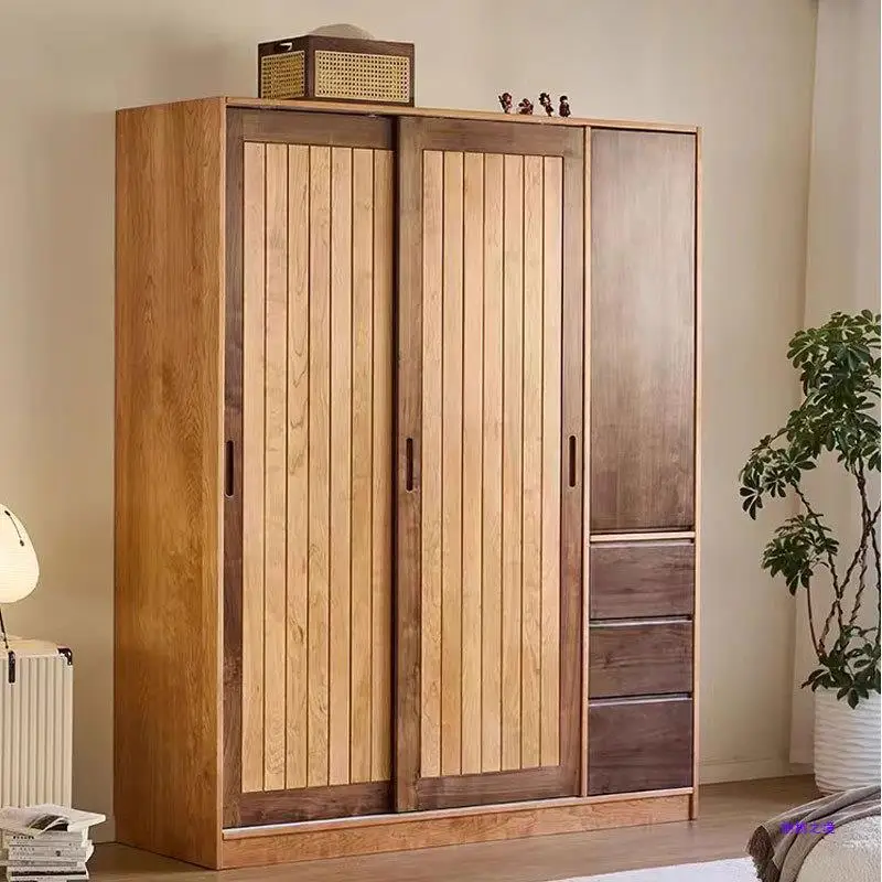 Solid wood sliding door wardrobe Chinese simple modern log wardrobe home bedroom storage