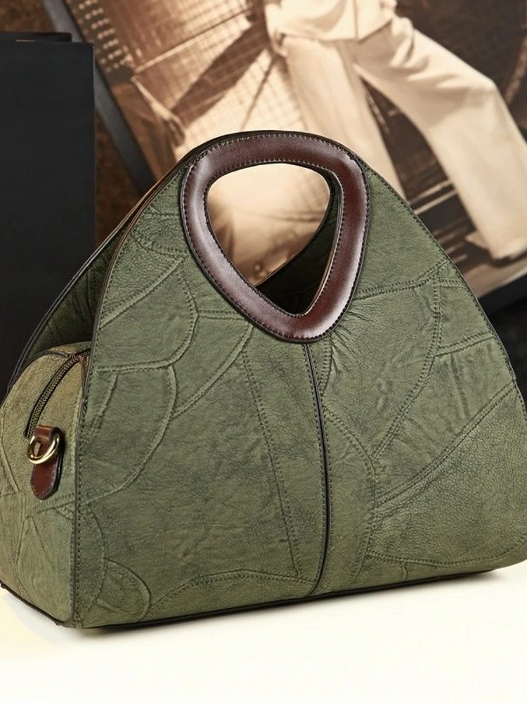2026 Dumpling Bag Style Genuine Leather Shoulder Handbag Women's Crossbody Bag Retro Splicing Design Multi-Functional Mom Bag