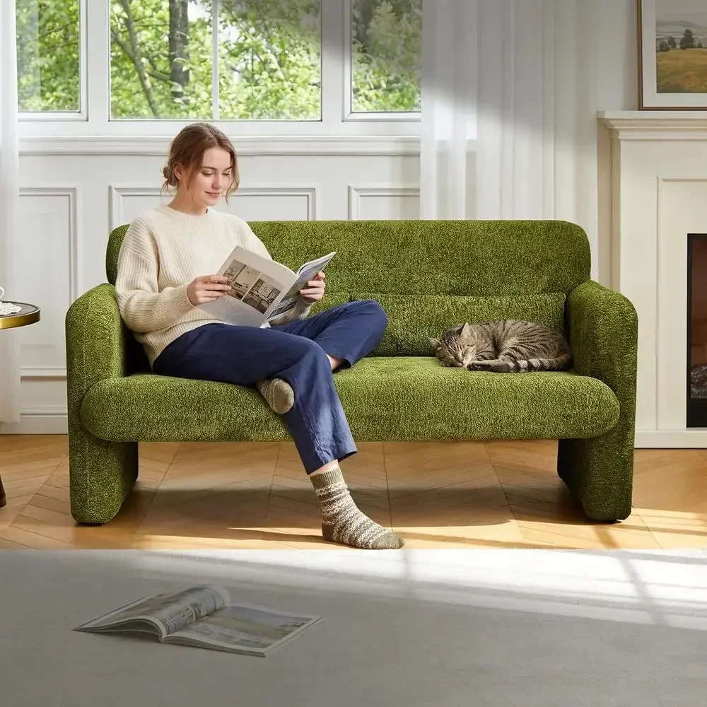 Green 2-Seater Loveseat Sofa with Sherpa Fabric and 2 Waist Pillows, Wood Legs, Easy Assembly, Suitable for Living Room or Bedro